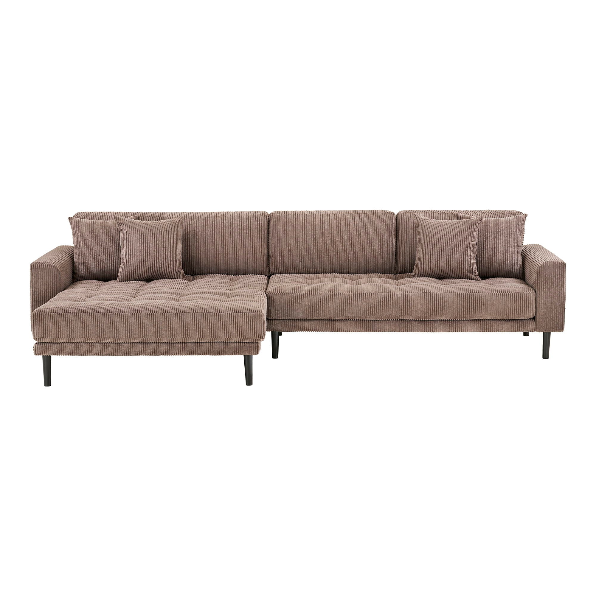 Lido Lounge Sofa - Lounge Sofa, venstre -wing i brun fløyel med fire puter og svarte treben HN1423