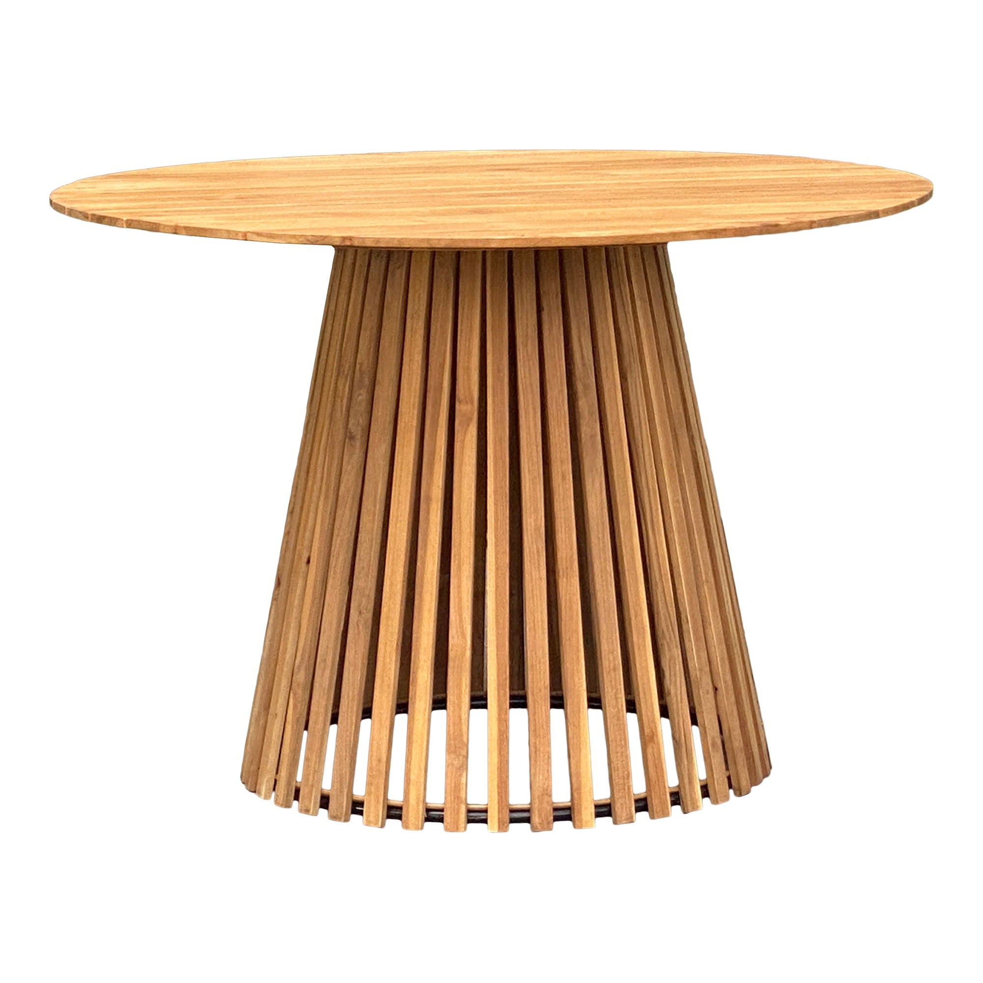 Spisebord, benkeplate i teak, teakbase, natur ø130x74 cm