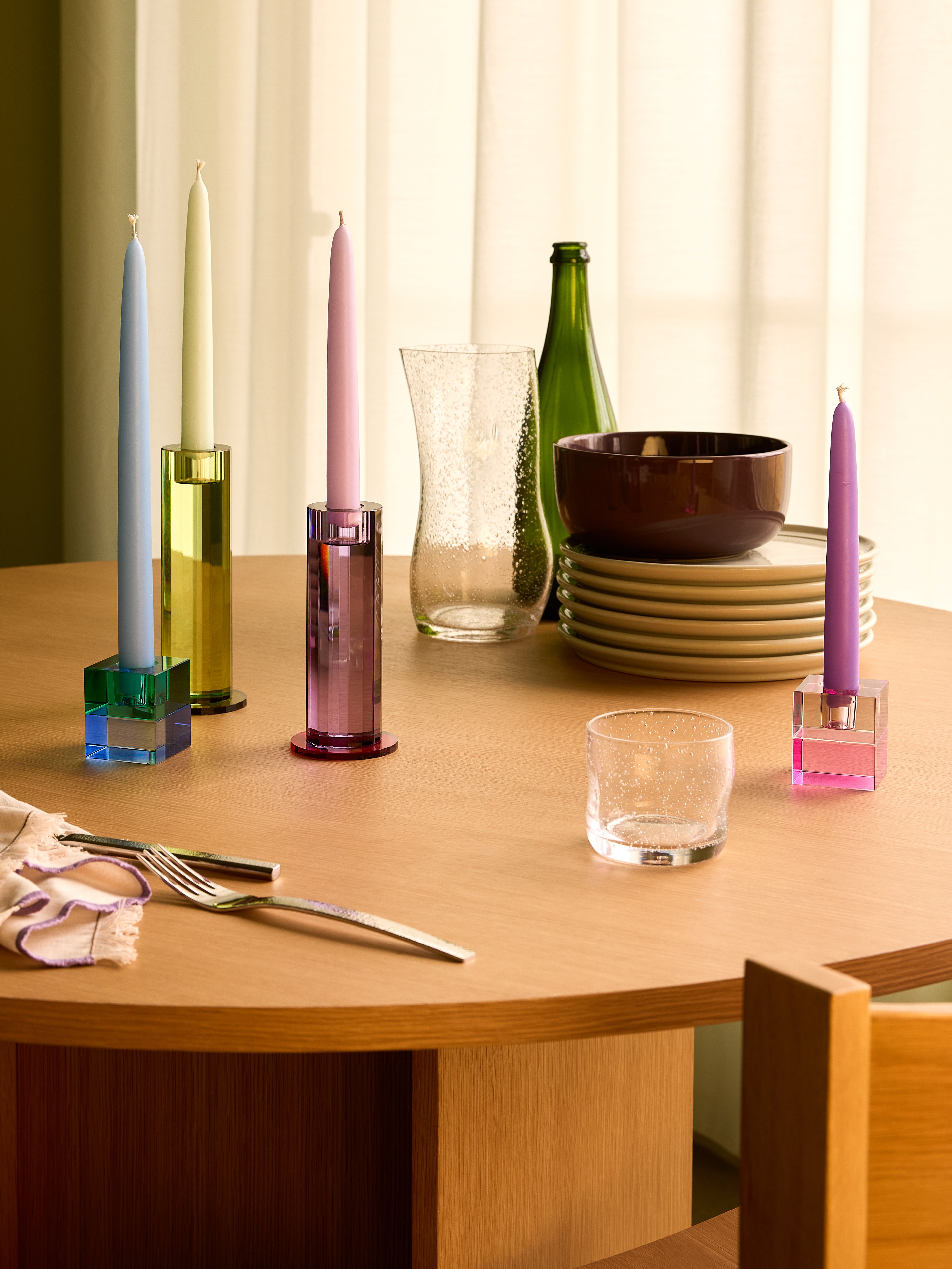 Blokklysestaker grønn/blå & oransje/grønn (sett med 2) - 5x5h6cm