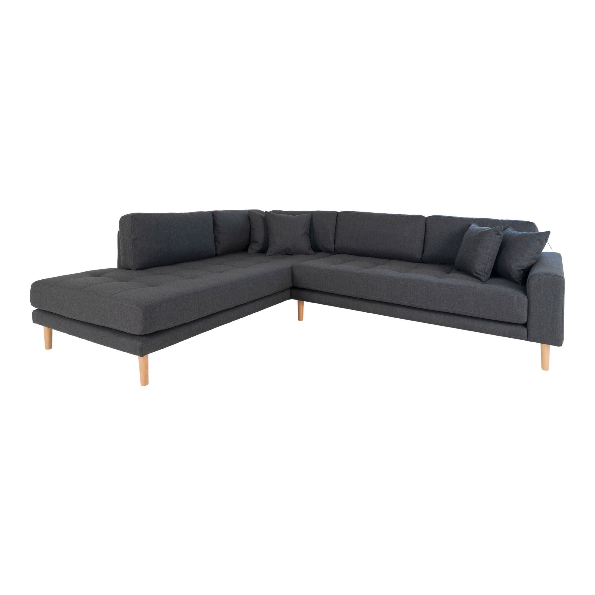 Lido Corner Sofa Open End - Corner Sofa Open End, Venstre -Wing i mørkegrå med fire puter og natur treben, HN1002