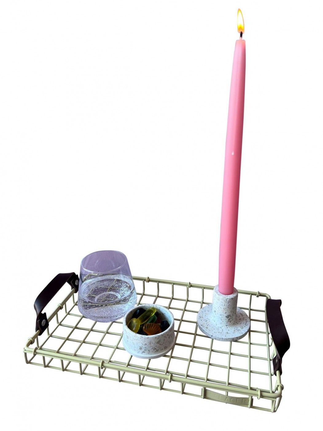 Kalager designbrett, liten, grønn beige med mørkebrune skinnstropp