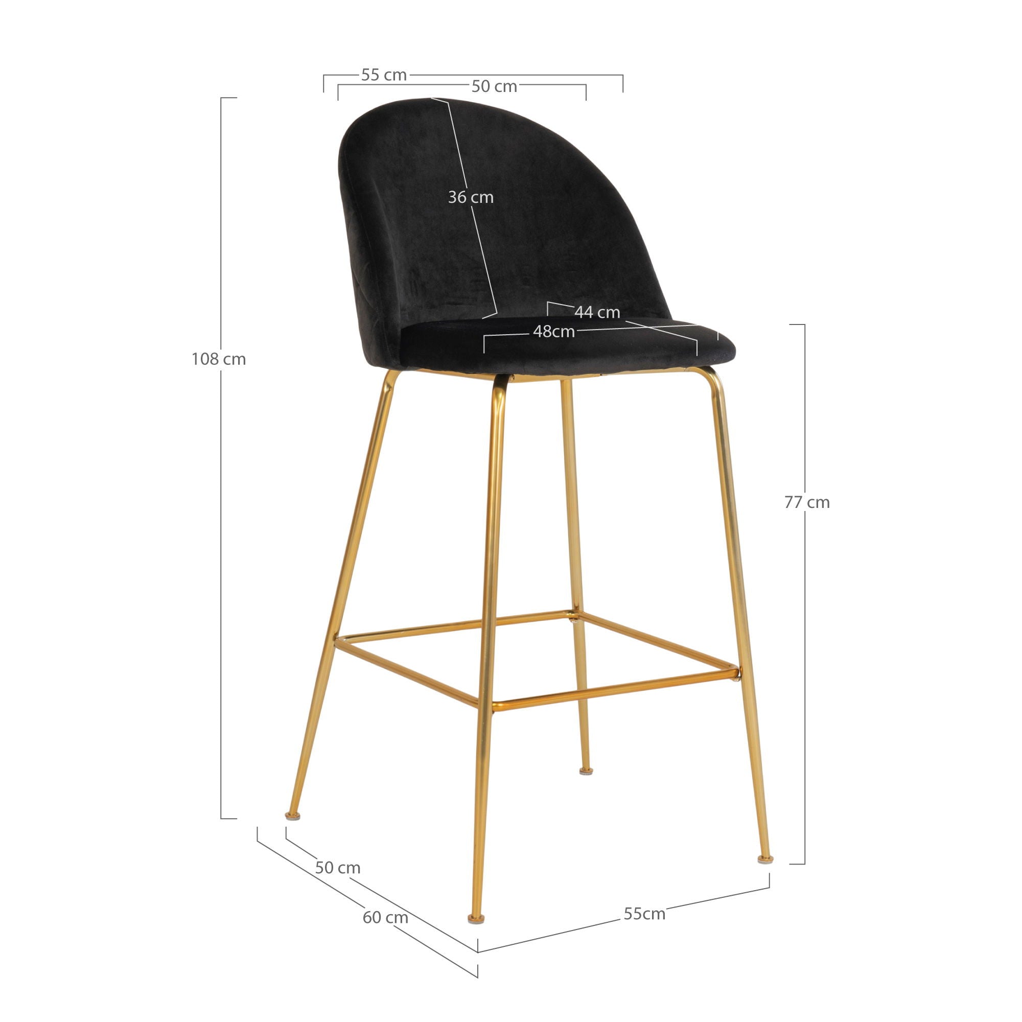 Lausanne Bar Chair - barkrakk i velour, svart med messing utseende ben, hn1207