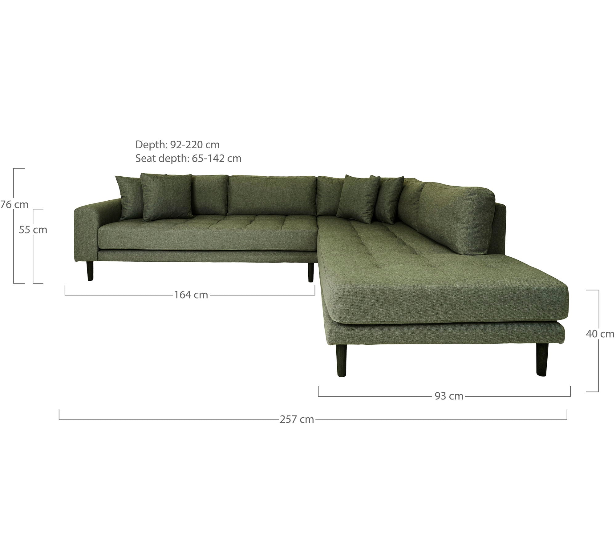 Lido Corner Sofa Open End - Corner Sofa Open End, Right -Wing in Olive Green med fire puter og svart treben, HN1020