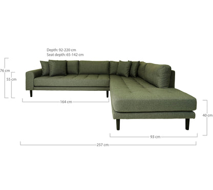 Lido Corner Sofa Open End - Corner Sofa Open End, Right -Wing in Olive Green med fire puter og svart treben, HN1020