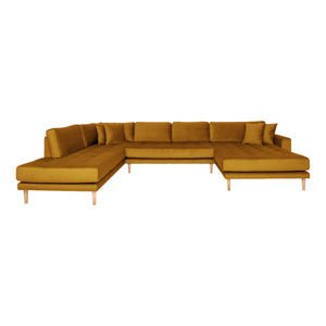 Lido U-Sofa Open End-U-Sofa Open End, Høyre i Mustard Yellow Velour med fire puter med naturben, HN1004