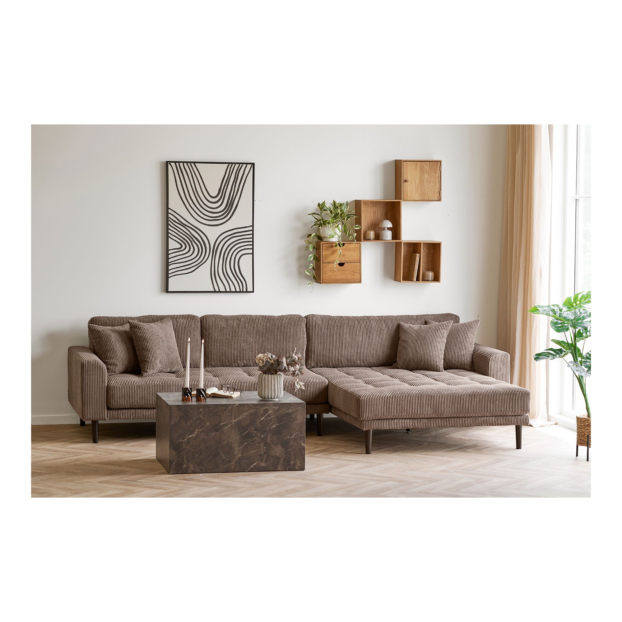 Lido Lounge Sofa - Lounge Sofa, høyre -wing i brun fløyel med fire puter og svart tre Ben HN1423