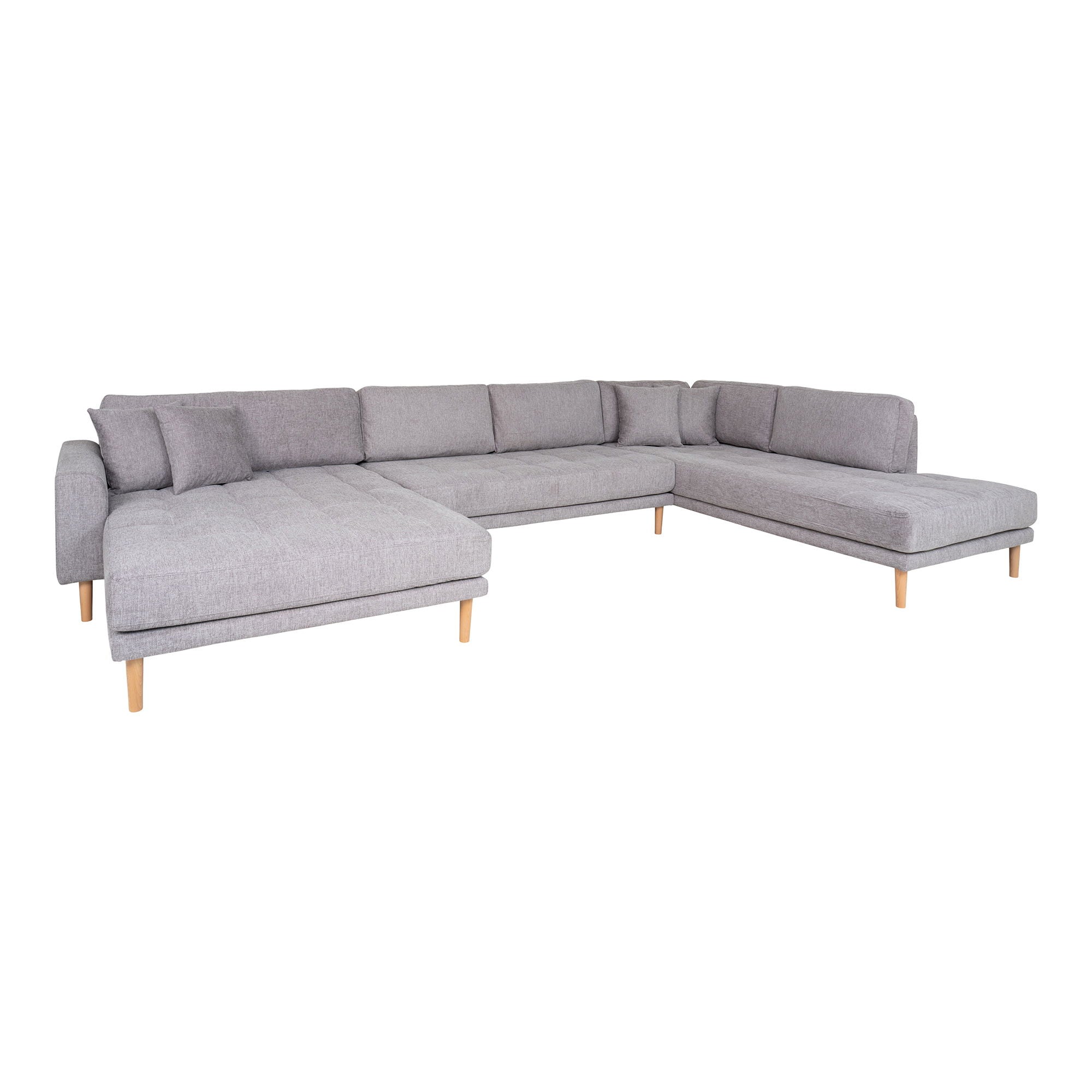 Lido U-Sofa Open End-U-Sofa Open End, Venstre i lysgrå med fire puter og natur treben, HN1040