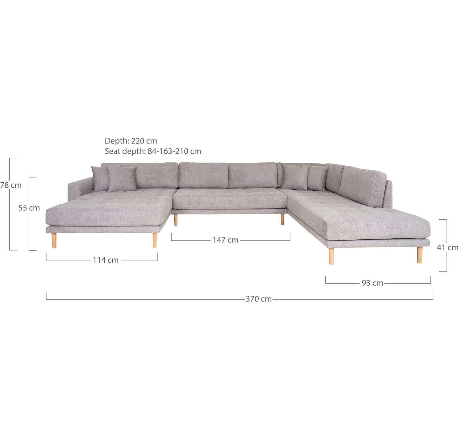 Lido U-Sofa Open End-U-Sofa Open End, Venstre i lysgrå med fire puter og natur treben, HN1040