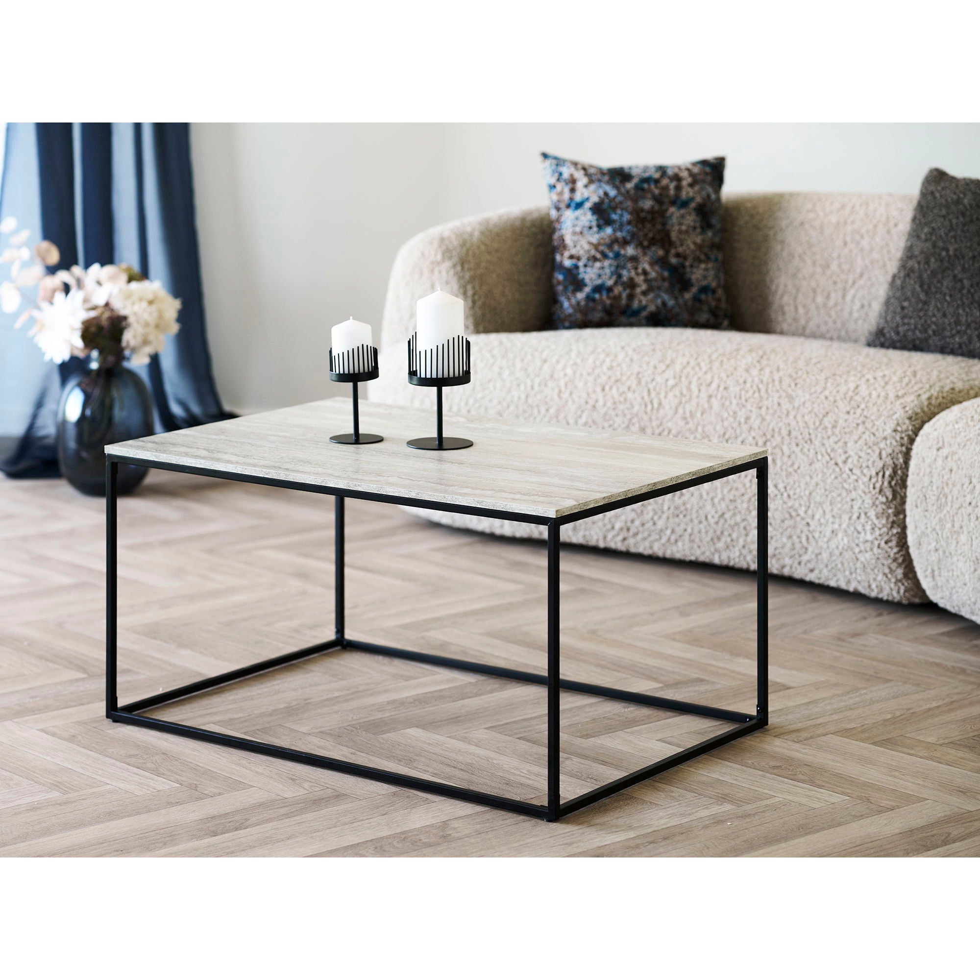 Vita salongbord - salongbord, travertinutseende, svart ramme 90x60x45 cm