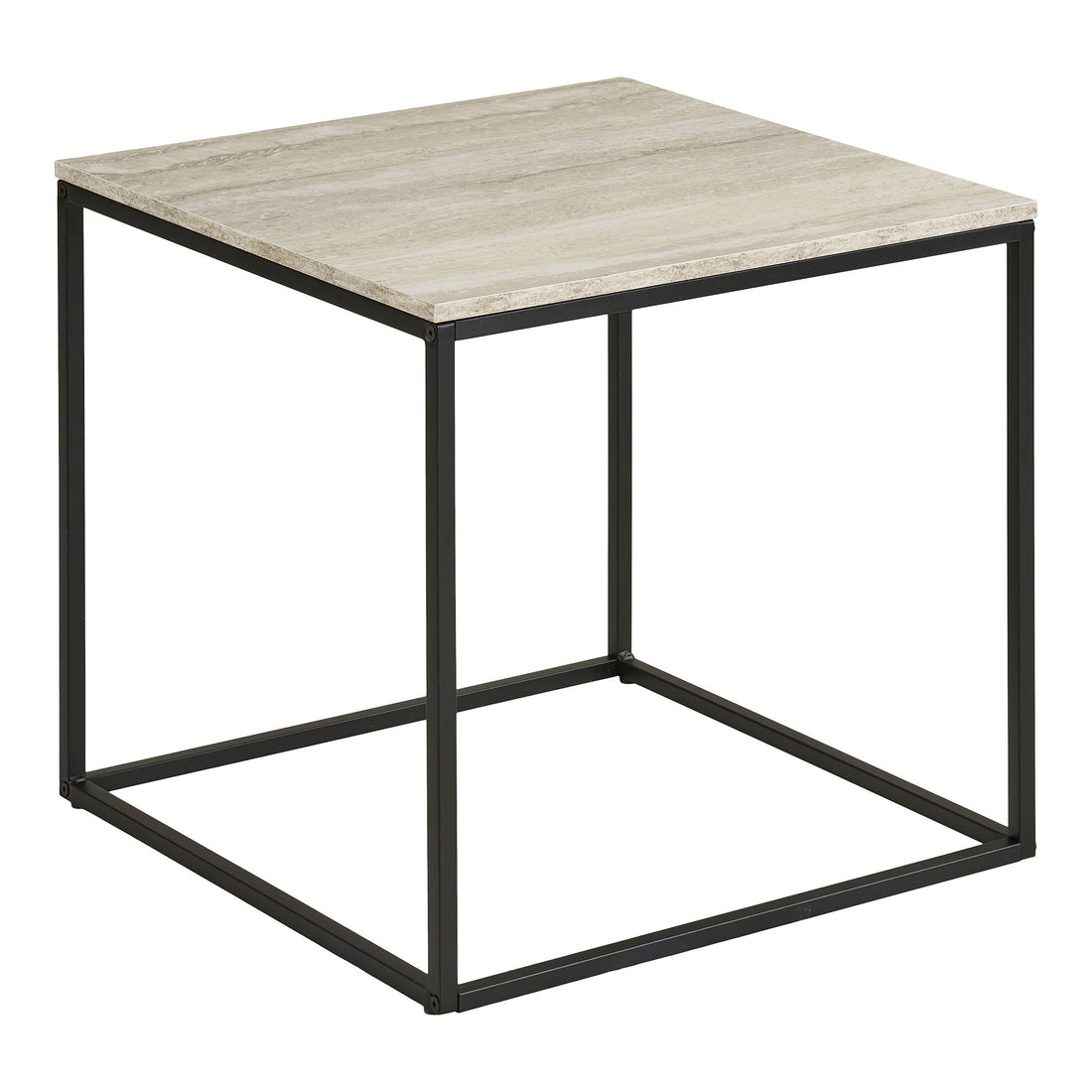 Vita hjørnebord - hjørnebord, travertinutseende, svart ramme 45x45x45 cm