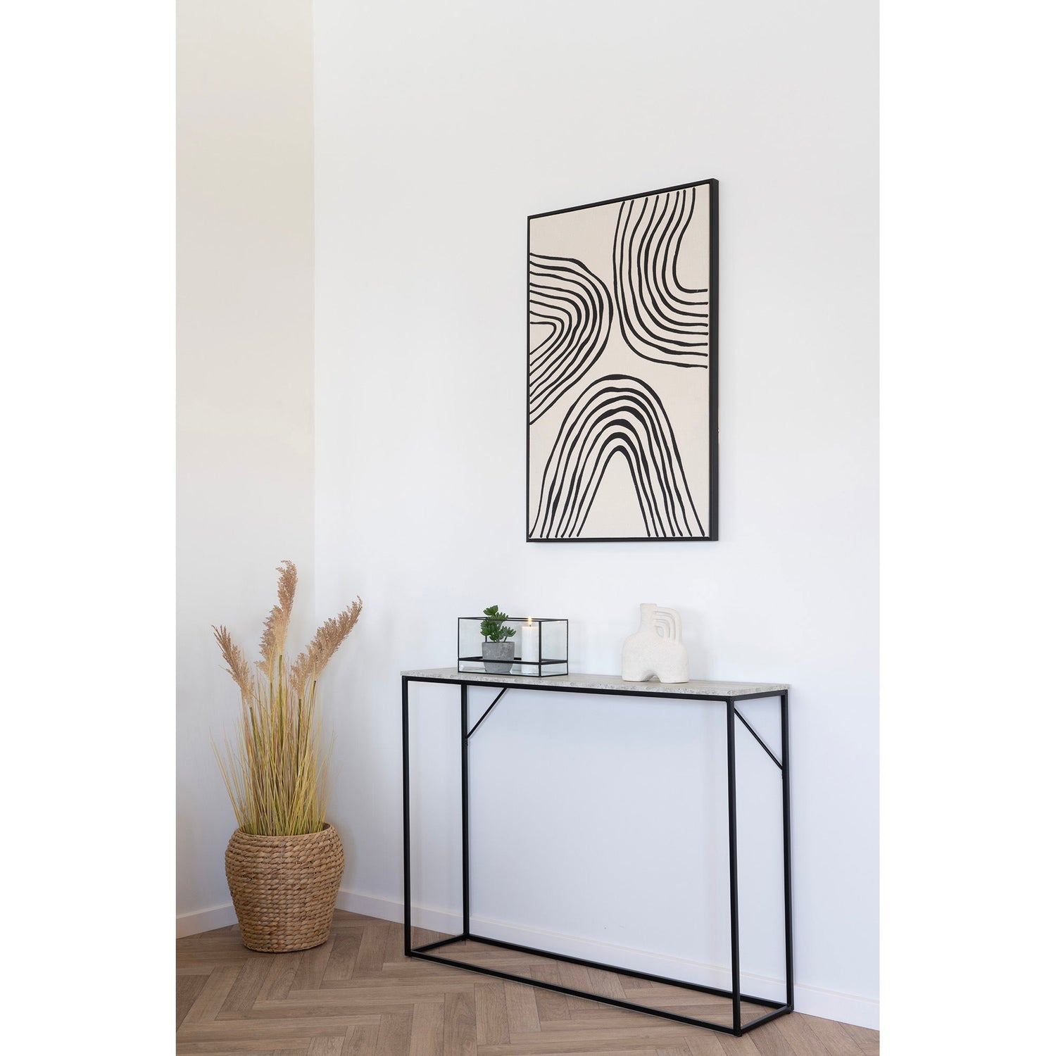 Vita Console Table - Konsollbord, 1 hylle, travertinutseende, svart ramme 110x26x80 cm