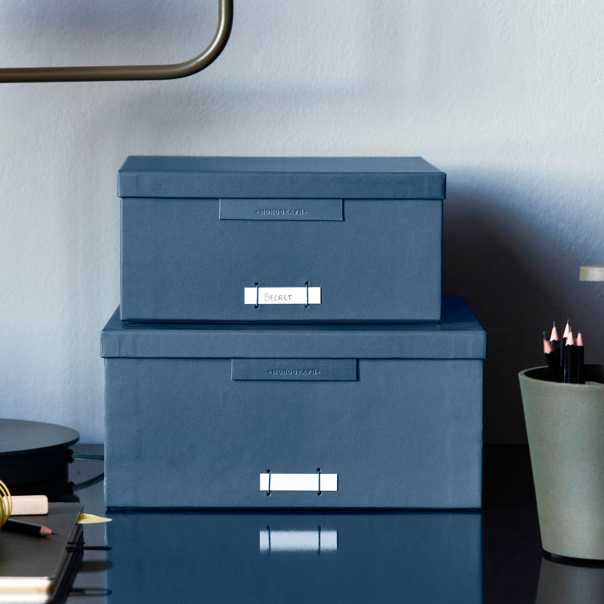 Bokser med lokk, fil, blå/bensin