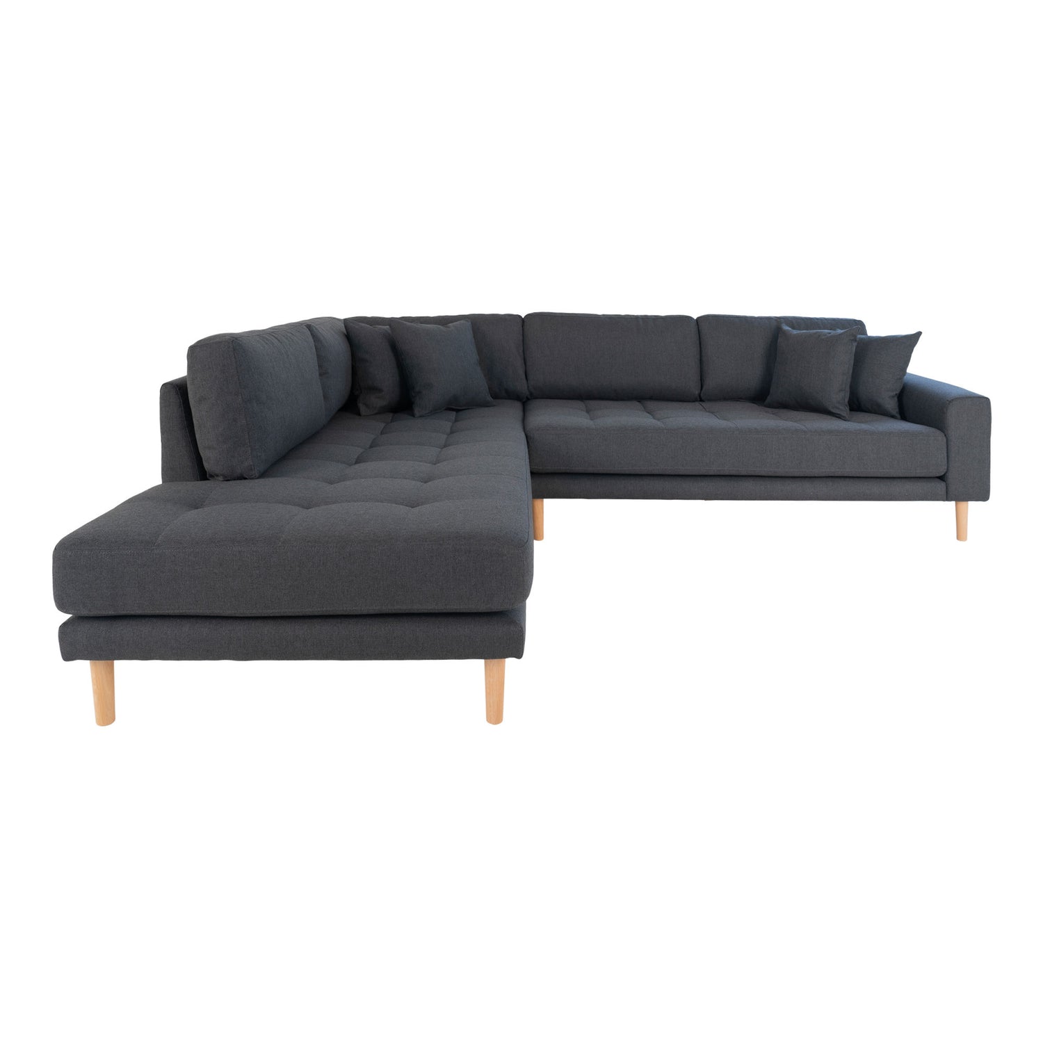 Lido Corner Sofa Open End - Corner Sofa Open End, Venstre -Wing i mørkegrå med fire puter og natur treben, HN1002