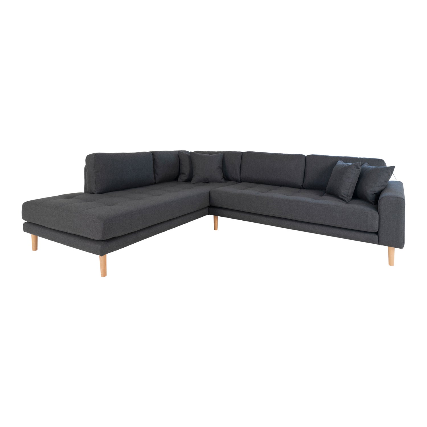 Lido Corner Sofa Open End - Corner Sofa Open End, Venstre -Wing i mørkegrå med fire puter og natur treben, HN1002
