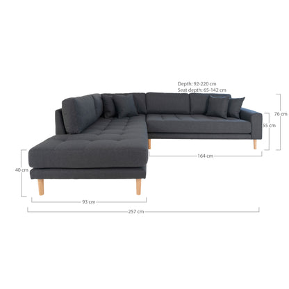 Lido Corner Sofa Open End - Corner Sofa Open End, Venstre -Wing i mørkegrå med fire puter og natur treben, HN1002