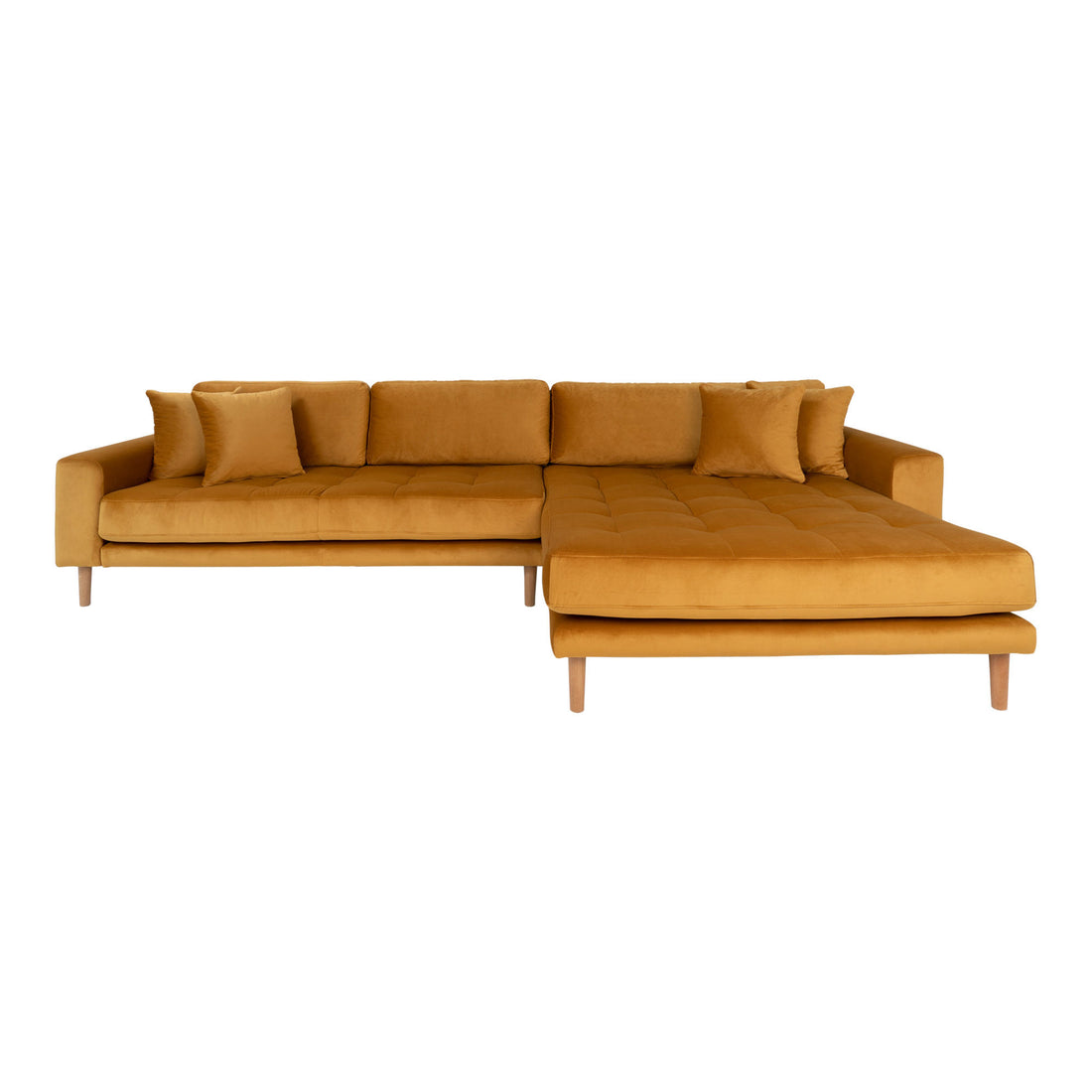 Lido Lounge Sofa - Lounge Sofa, høyre -wing velour, sennep gul med fire puter og natur treben, HN1004 - 1 - PC -er
