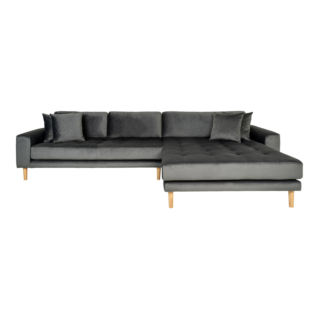 Lido Lounge Sofa - Lounge sofa, høyre -wing i velour, mørk grå med fire puter og natur treben, HN1013 - 1 - PC -er