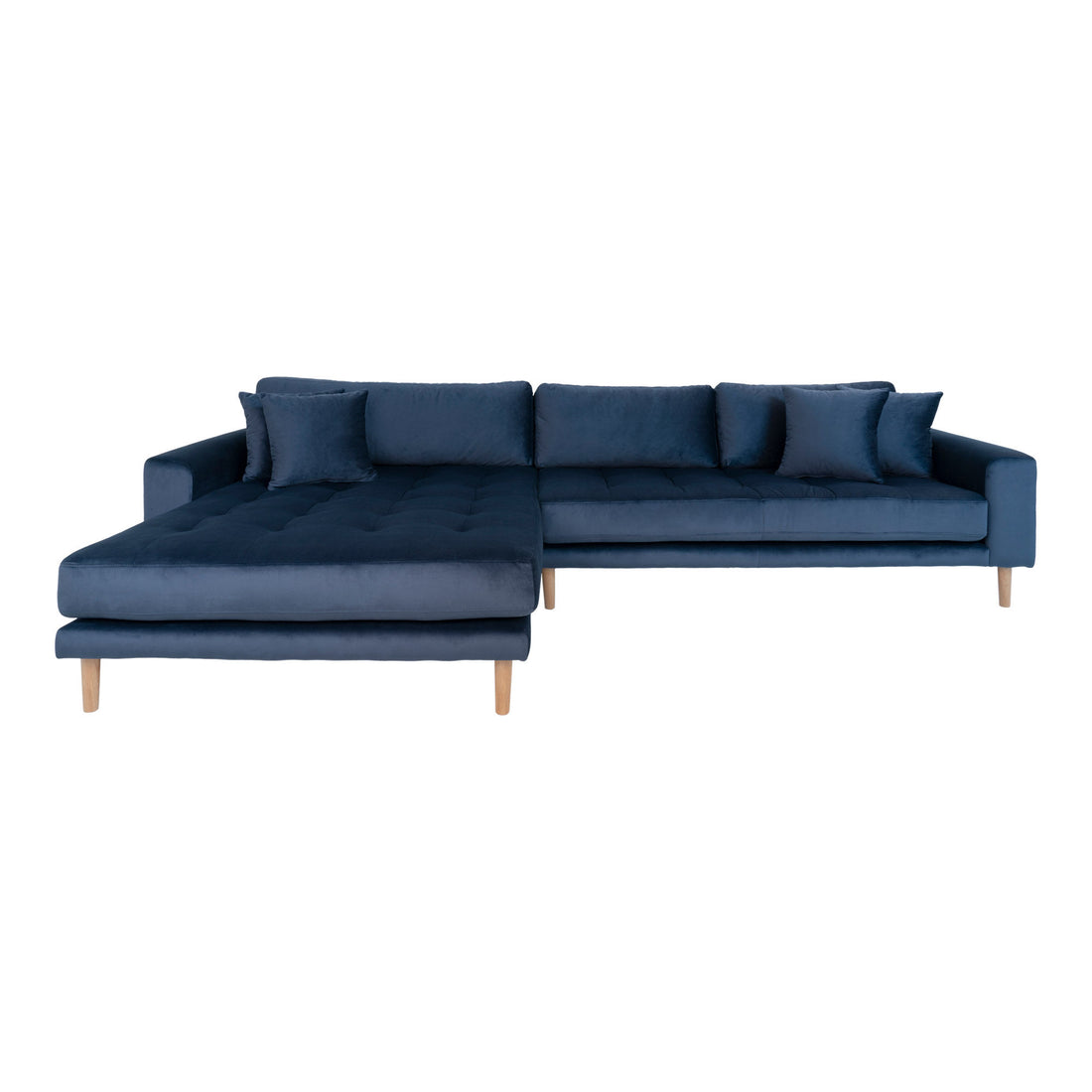 Lido Lounge Sofa - Lounge sofa, venstre -wing i velour, mørkeblå med fire puter og natur treben, HN1005 - 1 - PC -er