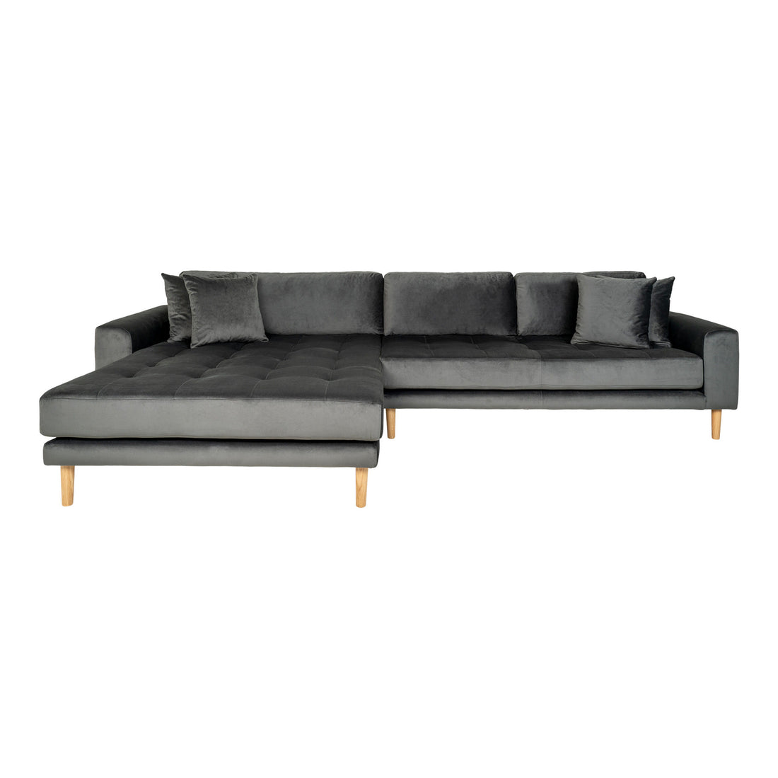 Lido Lounge Sofa - Lounge sofa, venstre -wing i velour, mørk grå med fire puter og natur treben, HN1013 - 1 - PC -er