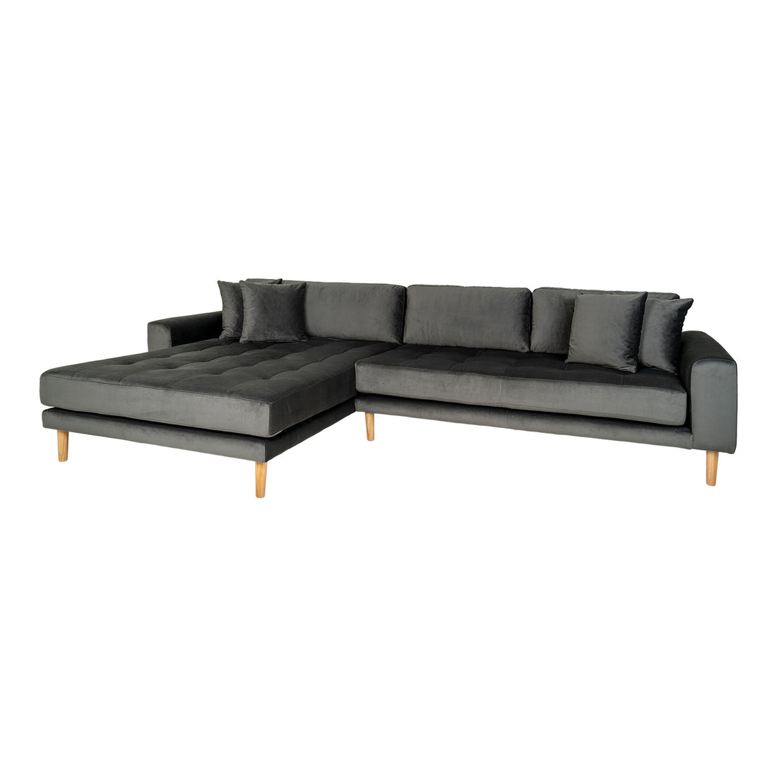 Lido Lounge Sofa - Lounge sofa, venstre -wing i velour, mørk grå med fire puter og natur treben, HN1013 - 1 - PC -er