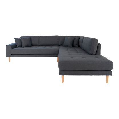 Lido Corner Sofa Open End - Corner Sofa Open End, Right -Wing in Dark Grey med fire puter og natur treben, HN1002