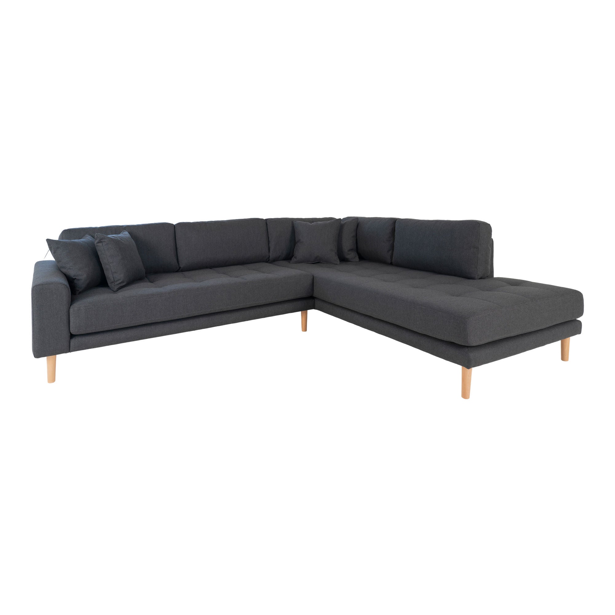 Lido Corner Sofa Open End - Corner Sofa Open End, Right -Wing in Dark Grey med fire puter og natur treben, HN1002