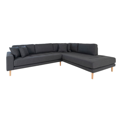 Lido Corner Sofa Open End - Corner Sofa Open End, Right -Wing in Dark Grey med fire puter og natur treben, HN1002