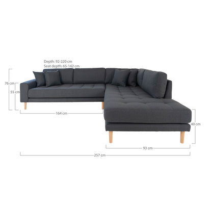 Lido Corner Sofa Open End - Corner Sofa Open End, Right -Wing in Dark Grey med fire puter og natur treben, HN1002