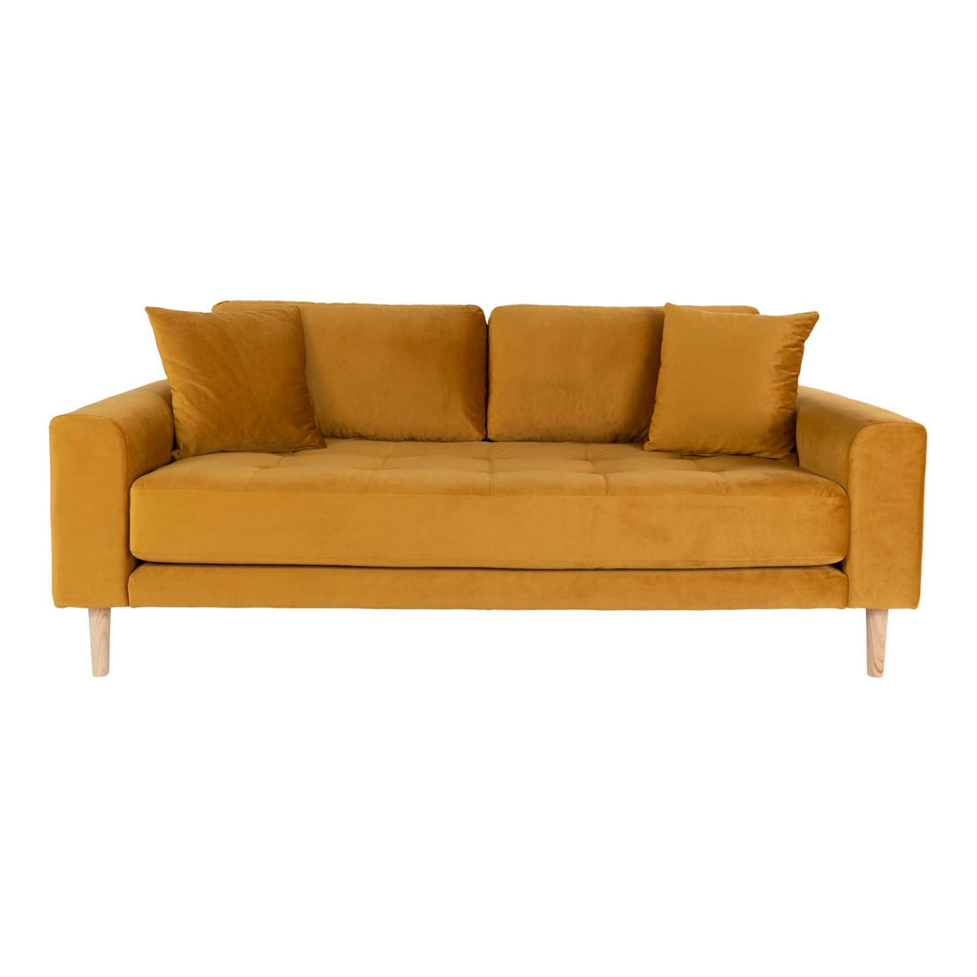 Lido 2,5 -person sofa - 2,5 -person sofa i velour, sennep gul med to puter og natur treben, HN1004 - 1 - PC -er