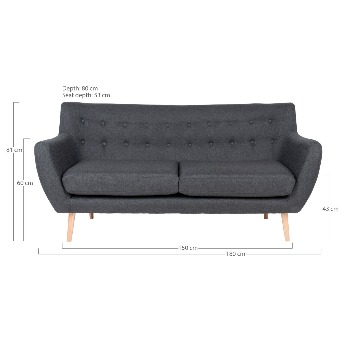 Monte 3 personsofa - 3 personsofa, mørk grå med natur treben, HN1002