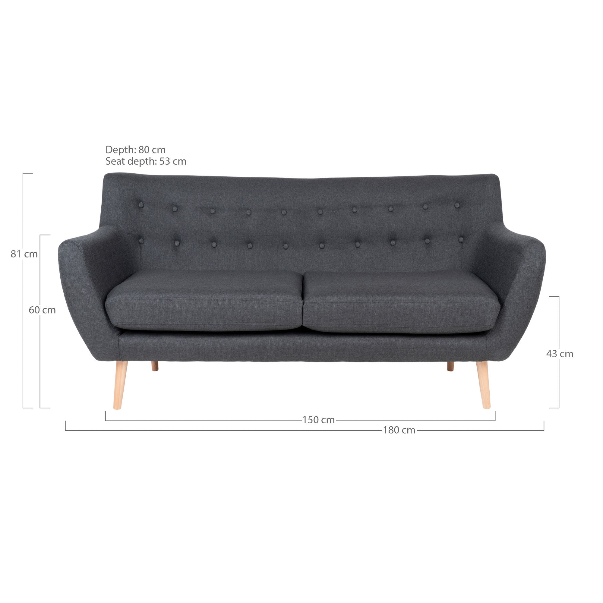 Monte 3 personsofa - 3 personsofa, mørk grå med natur treben, HN1002