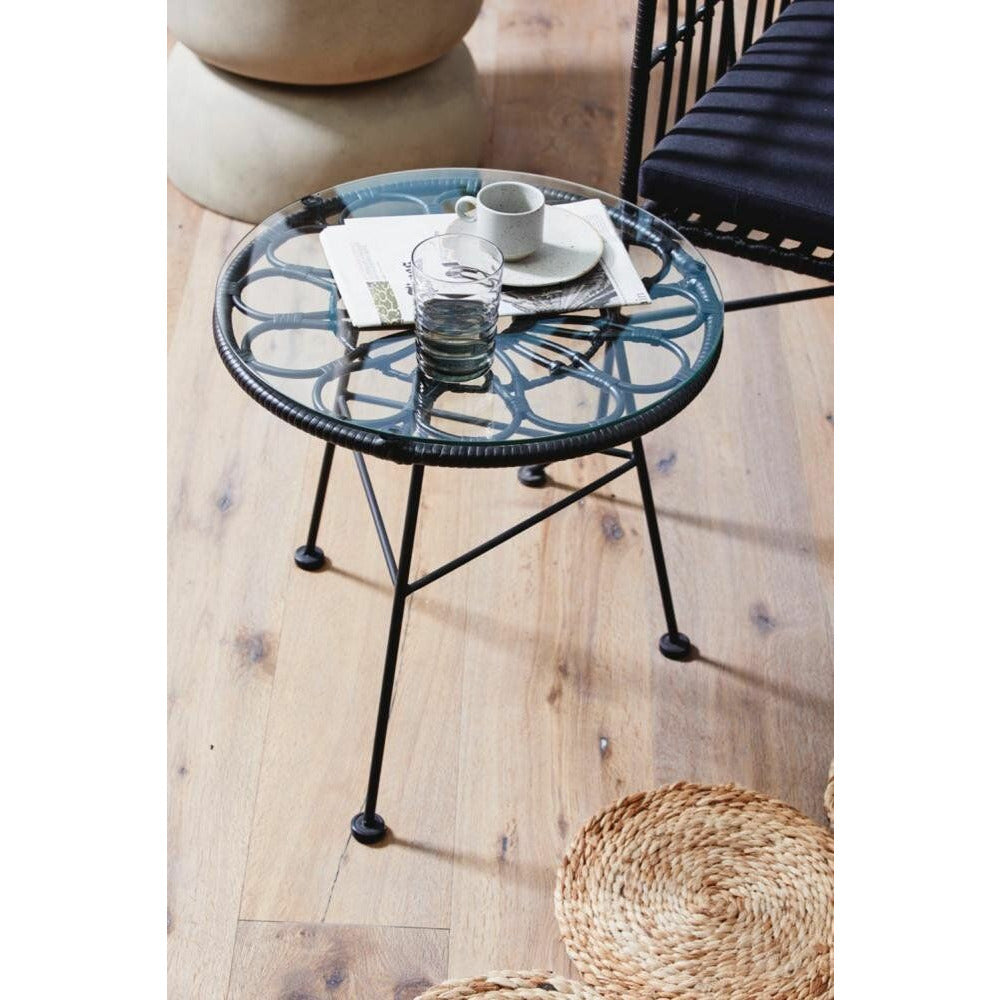 Nordal ALBA rundt havebord i polyrattan og glas - ø45 cm - sort - Nordal - DesignGaragen.dk